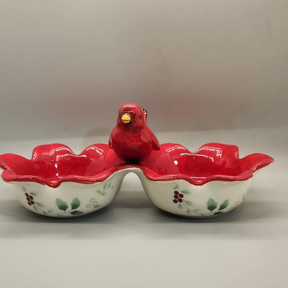 Pfaltzgraff Winterberry Red Cardinal Double Bowl Server Bowl - Picture 1 of 6